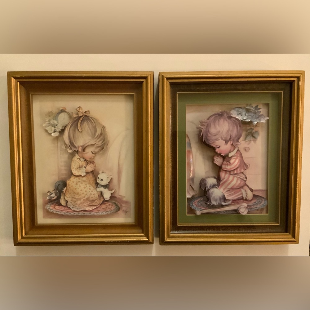 Vintage Framed Paper Tole Art Prints- Nursery Prayer Children
